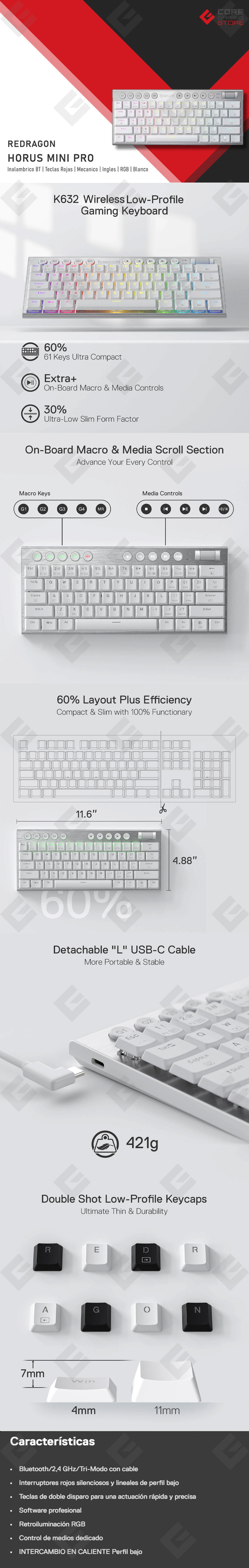 Teclado Gamer Mecanico Redragon Horus Mini PRO White, Switches Red Ultra Low Profile, Inalámbrico, Iluminación RGB, Inglés - K631W-RGB-PRO RED