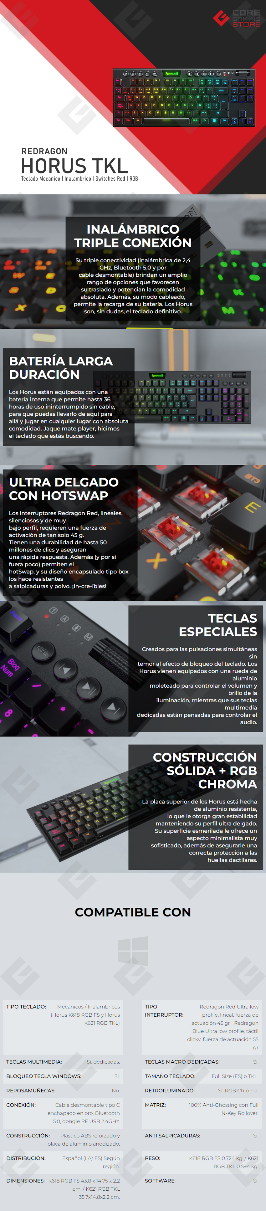 Teclado Gamer Mecánico Redragon Horus TKL RGB, Switches Red Ultra Low Profile, Alámbrico, USB, Iluminación LED RGB, Español - K622-RGB-SP