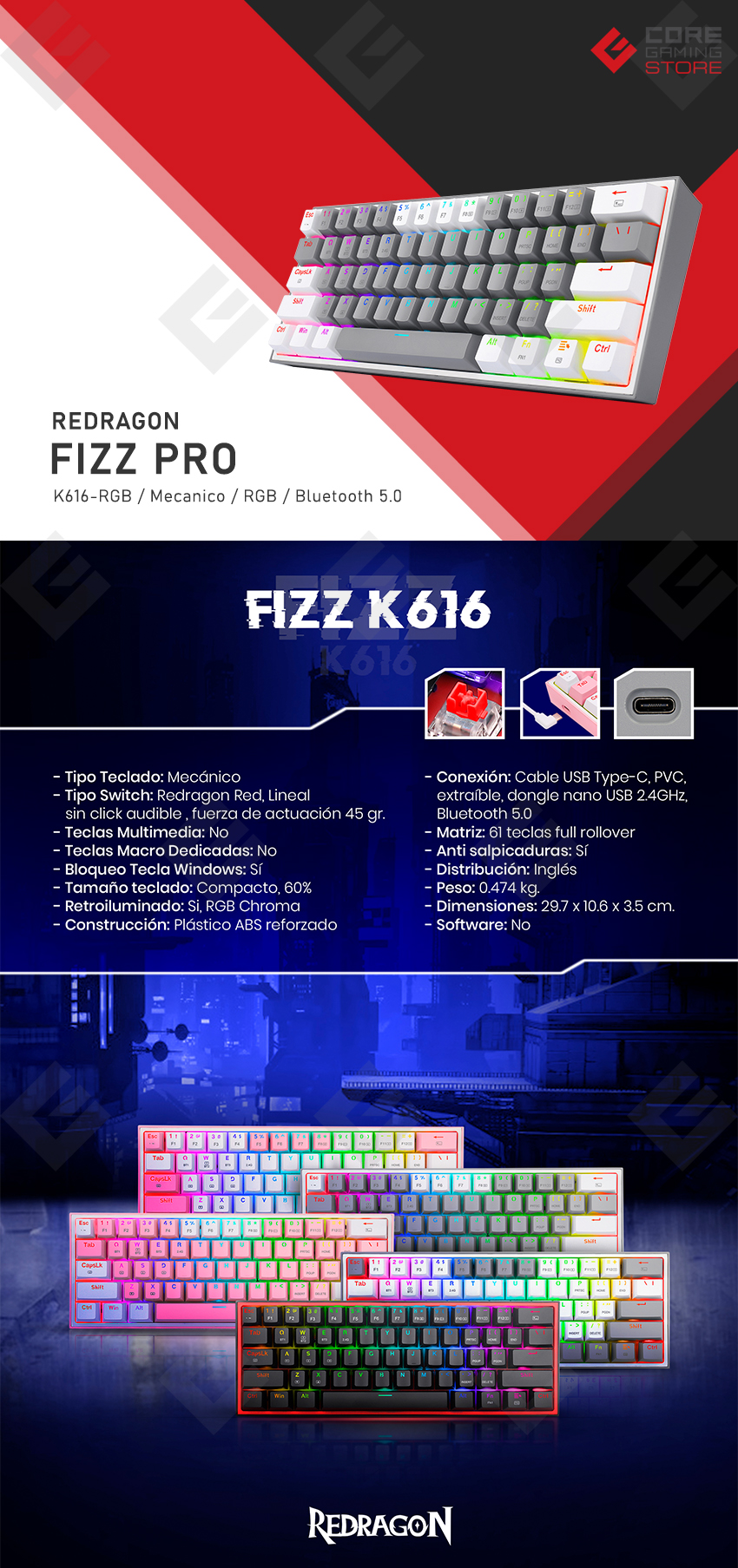 Teclado Gamer Mecánico 60% Redragon Fizz Pro Grey White, Switches Redragon Red, Inalámbrico, USB 2.4Ghz, Bluetooth 5.0, Iluminación RGB, Ingles - K616-RGB GW