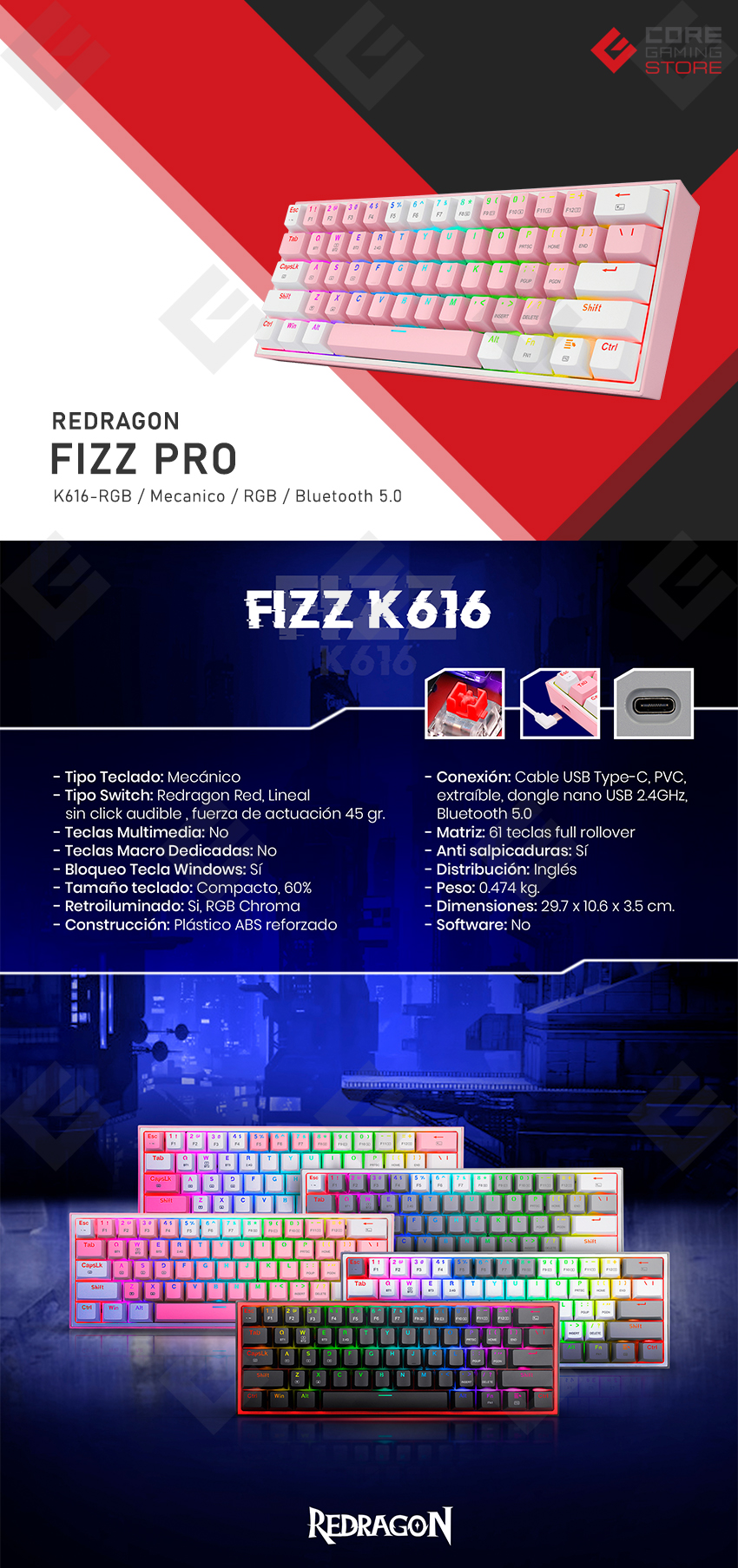 Teclado Gamer Mecánico 60% Redragon Fizz Pro Pink White, Switches Redragon Red, Inalámbrico, USB 2.4Ghz, Bluetooth 5.0, Iluminación RGB, Ingles - K616-RGB PW