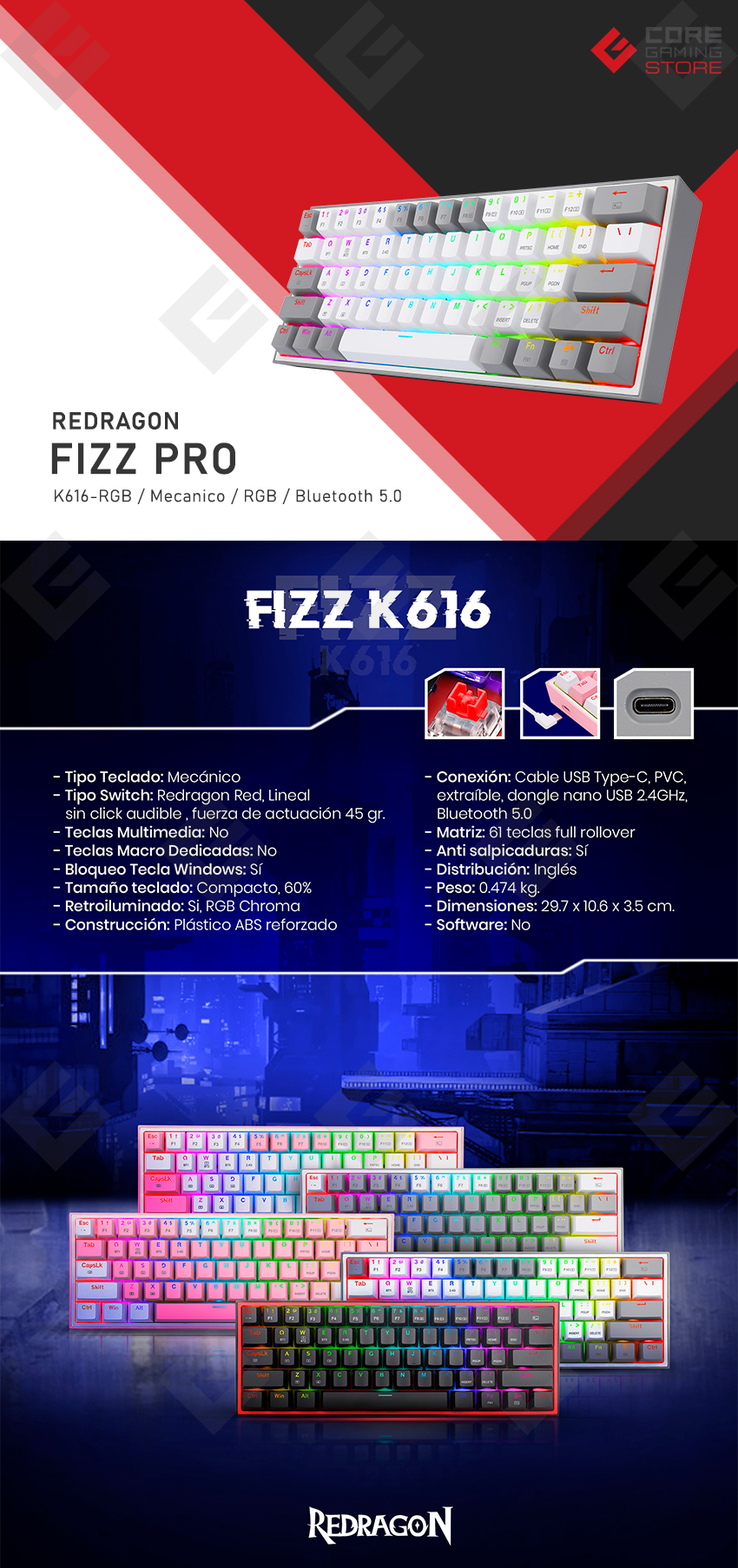 Teclado Gamer Mecánico 60% Redragon Fizz Pro White Grey, Switches Redragon Red, Inalámbrico, USB 2.4Ghz, Bluetooth 5.0, Iluminación RGB, Ingles - K616-RGB WG