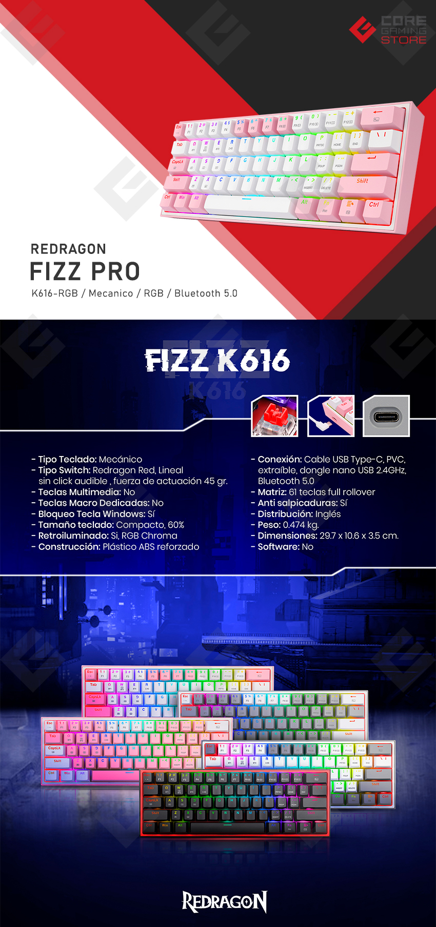 Teclado Gamer Mecánico 60% Redragon Fizz Pro White Pink, Switches Redragon Red, Inalámbrico, USB 2.4Ghz, Bluetooth 5.0, Iluminacion RGB, Ingles - K616-RGB WP