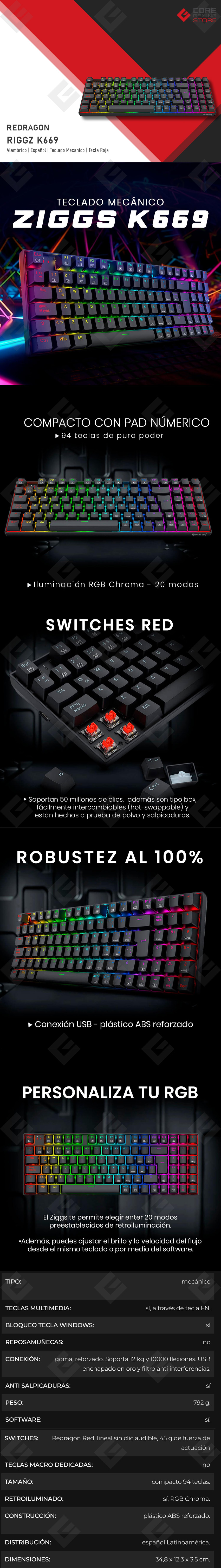 Teclado Gamer Mecánico Redragon Ziggs K669, Switches Red, Alámbrico, Iluminación RGB, Español - K669-RGB-SP