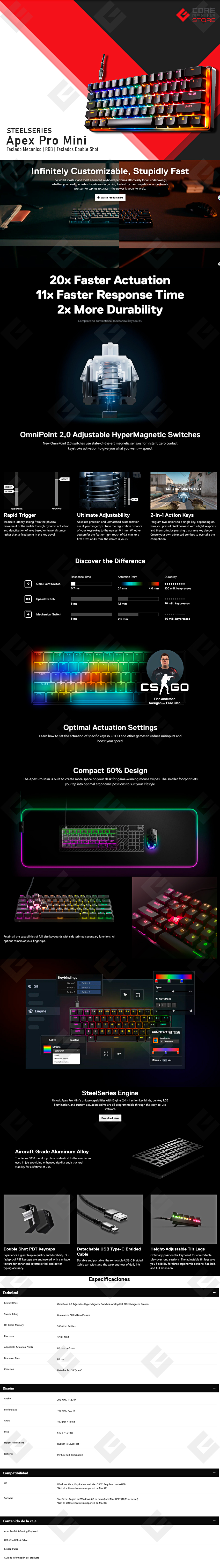 Teclado Gamer Mecanico Steelseries Apex Pro Mini, Switches OmniPoint 2,0, Switches Magneticos, Alámbrico, Iluminación LED RGB, Inglés - Apex-Pro-Mini