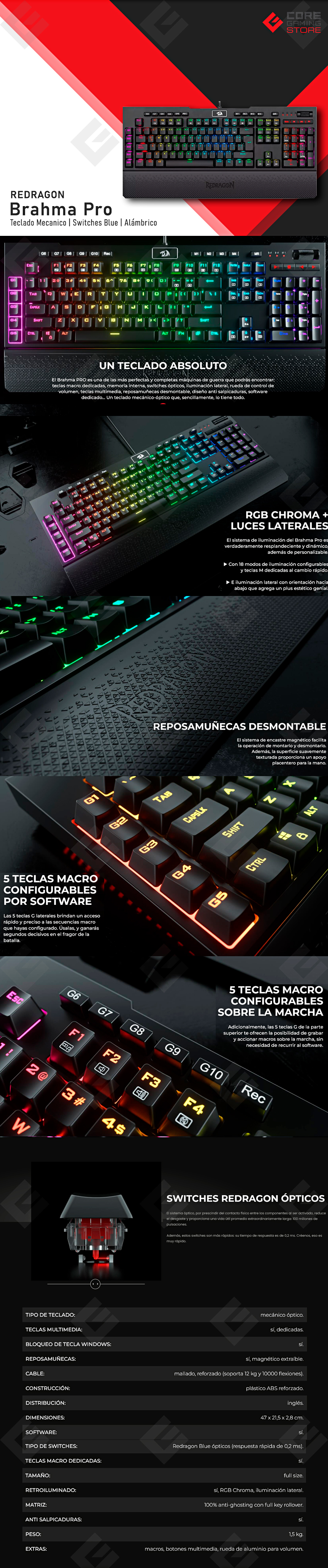 Teclado Gamer Mecanico Redragon Brahma Pro, Switches Opticos Blue, Alámbrico, Iluminación LED RGB, Español - K586RGB-PRO-SP