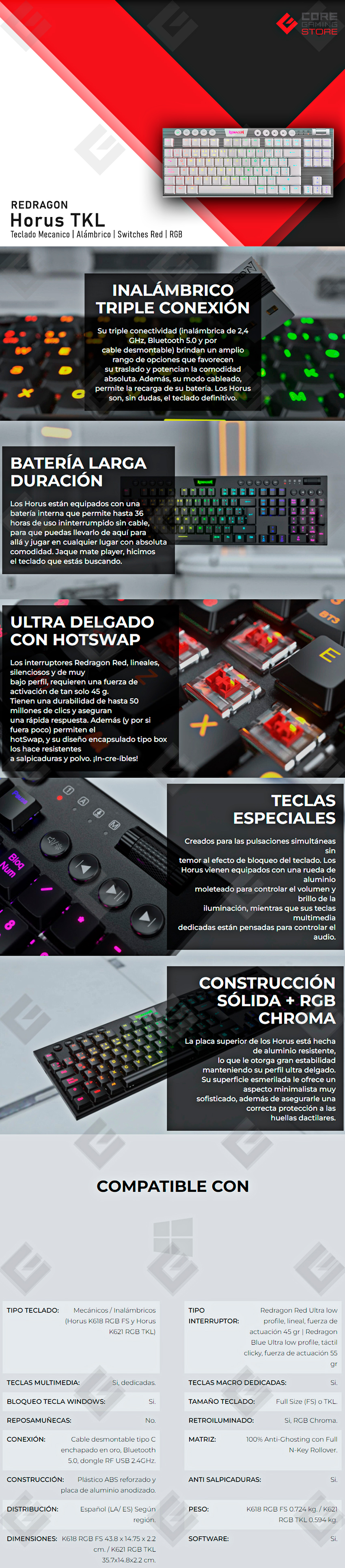 Teclado Gamer Mecanico Redragon Horus TKL Blanco, Switches Red Ultra Low Profile, Alámbrico, USB 2.4Ghz, Bluetooth 5.0, Iluminación LED RGB, Español - K622W-RGB-SP