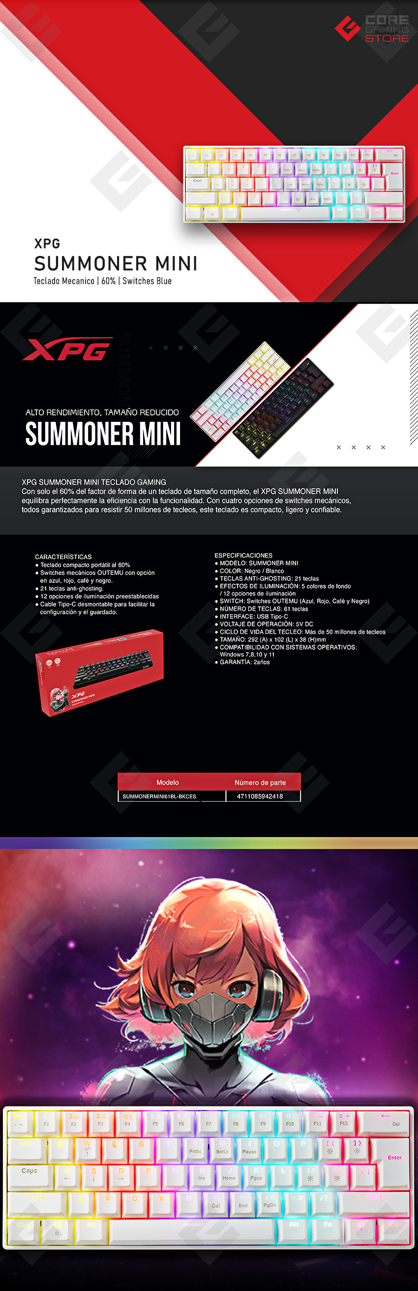 Teclado Gamer Mecanico XPG Summoner Mini | Blanco | Switches Outemu Blue | 60% - SUMMONERMINI61BL-WHCES