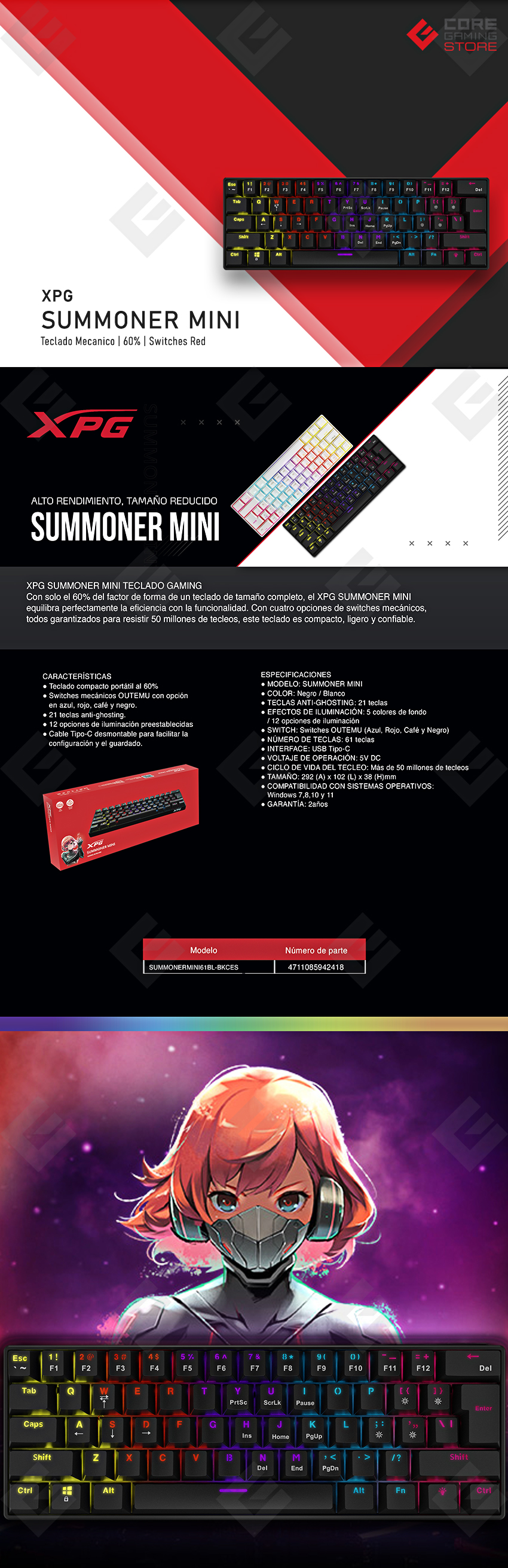 Teclado Gamer Mecanico XPG Summoner Mini | Negro | Switches Outemu Red | 60% - SUMMONERMINI61RD-BKCES