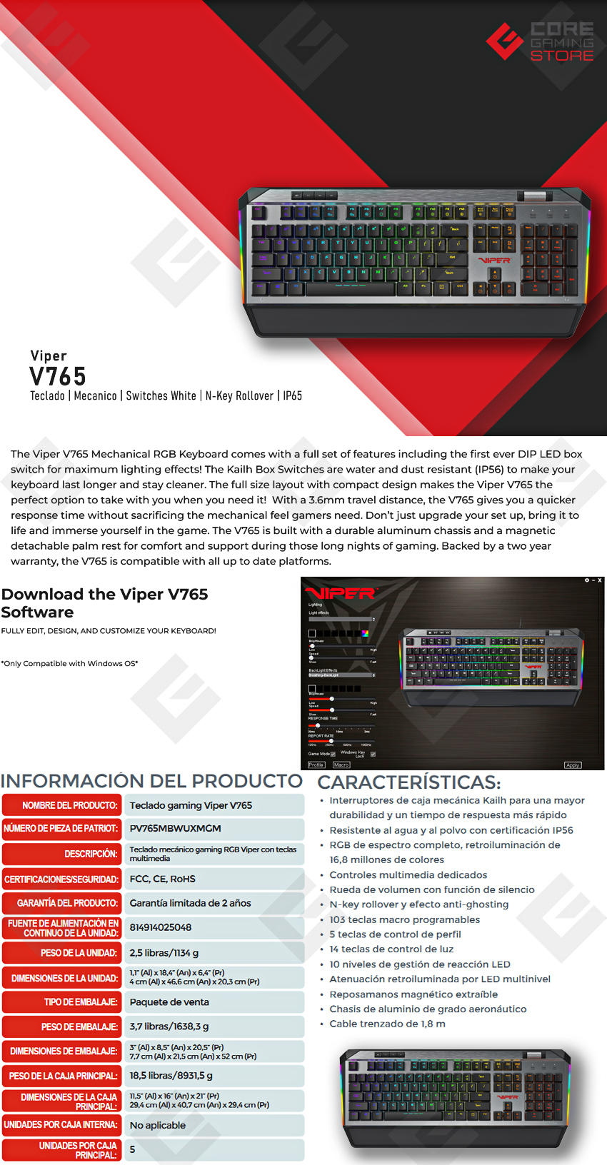 Teclado Viper V765, Mecánico, Inglés, Proteccion IP65 Agua y Polvo, RGB, Switches Kailh White, 100% - PV765MBWUXMGM