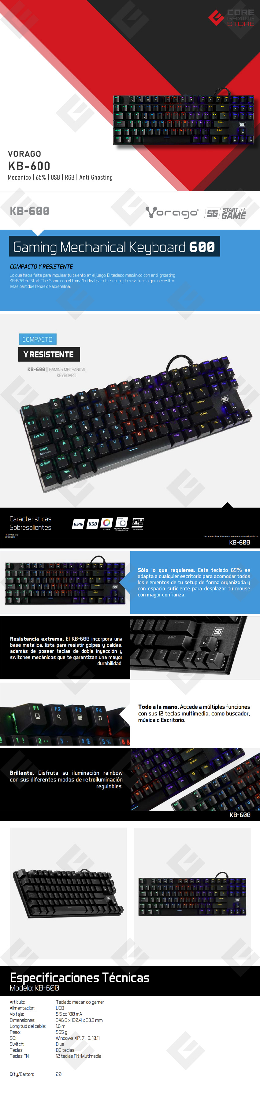 Teclado Gamer Vorago Start The Game KB-600, Mecanico, 65%, RGB, Anti Ghosting, USB - KB-600