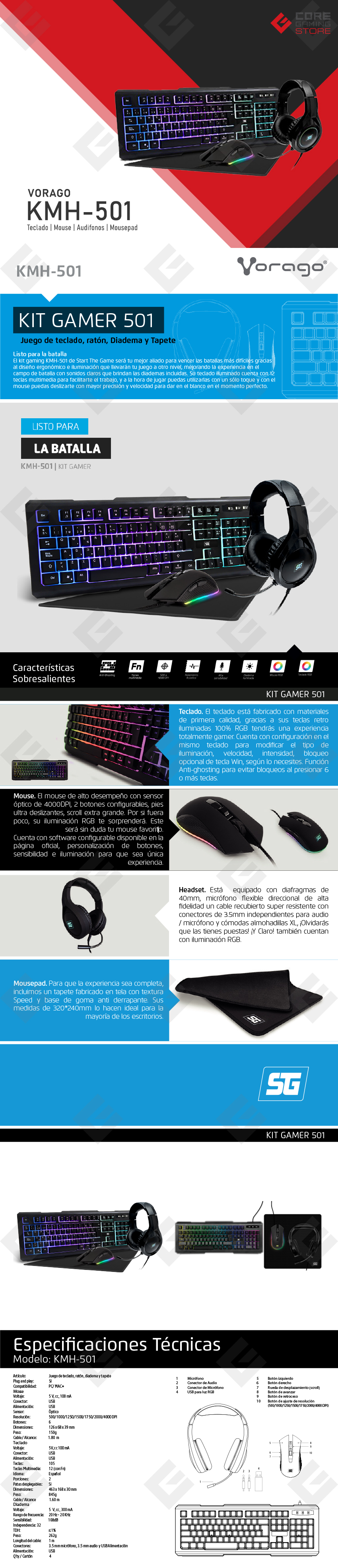 Combo de Teclado, Mouse, Audifonos Y Mousepad Vorago Start The Game - KMH-501
