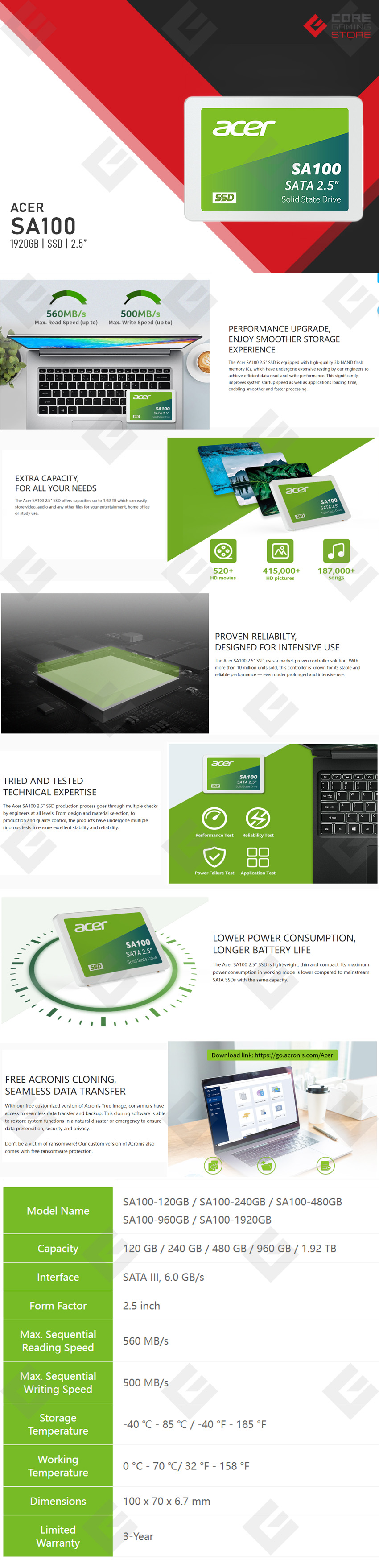 Unidad de Estado Solido Acer SSD SA100 2.5" 1920GB, 560/500 MB/s - BL.9BWWA.105