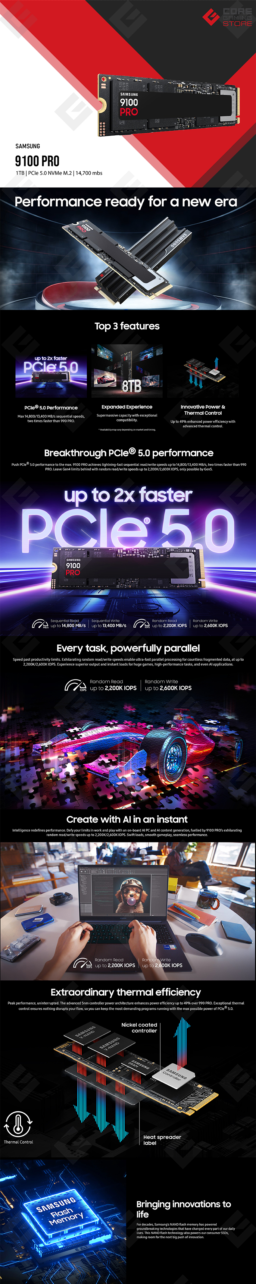 Unidad de Estado Sólido SSD NVMe M.2 Samsung 9100 PRO, 1TB, 14,700/13,300 MB/s, PCI Express 5.0 - MZ-VAP1T0B