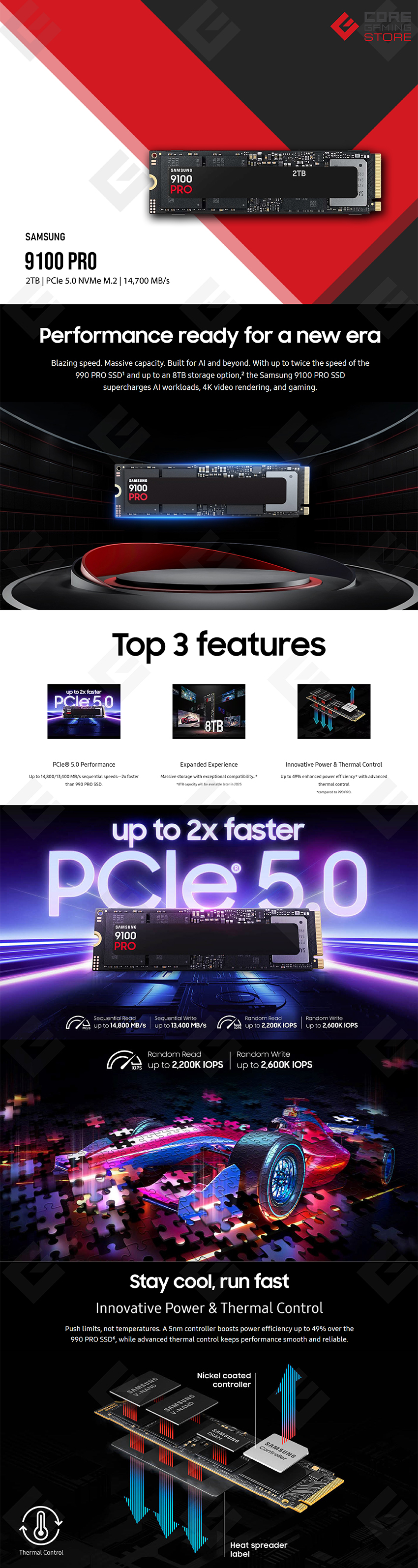Unidad de Estado Sólido SSD NVMe M.2 Samsung 9100 PRO, 2TB, 14,800/13,400 MB/s, PCI Express 5.0 - MZ-VAP2T0B