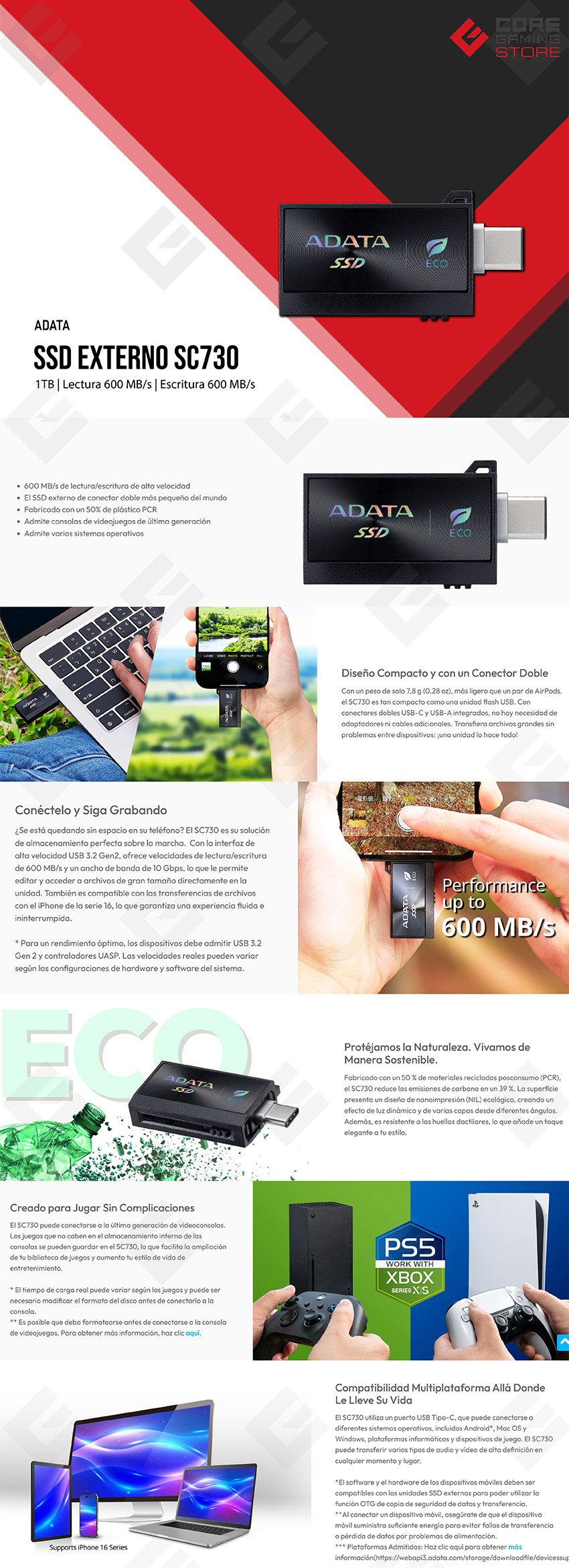 SSD Externo ADATA SC730, 1TB, USB 3.2 Gen2, 600 MB/s, Conectores USB-C y USB-A Integrados, Negro - SC730-1T-CACTI