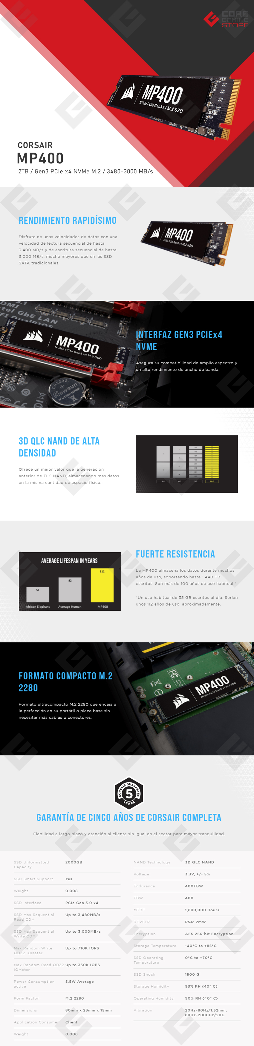 Unidad de Estado Solido SSD NVMe M.2 Corsair MP400, 2TB, 3,480/3,000 Mb/s, PCI Express 3.0 - CSSD-F2000GBMP400R2