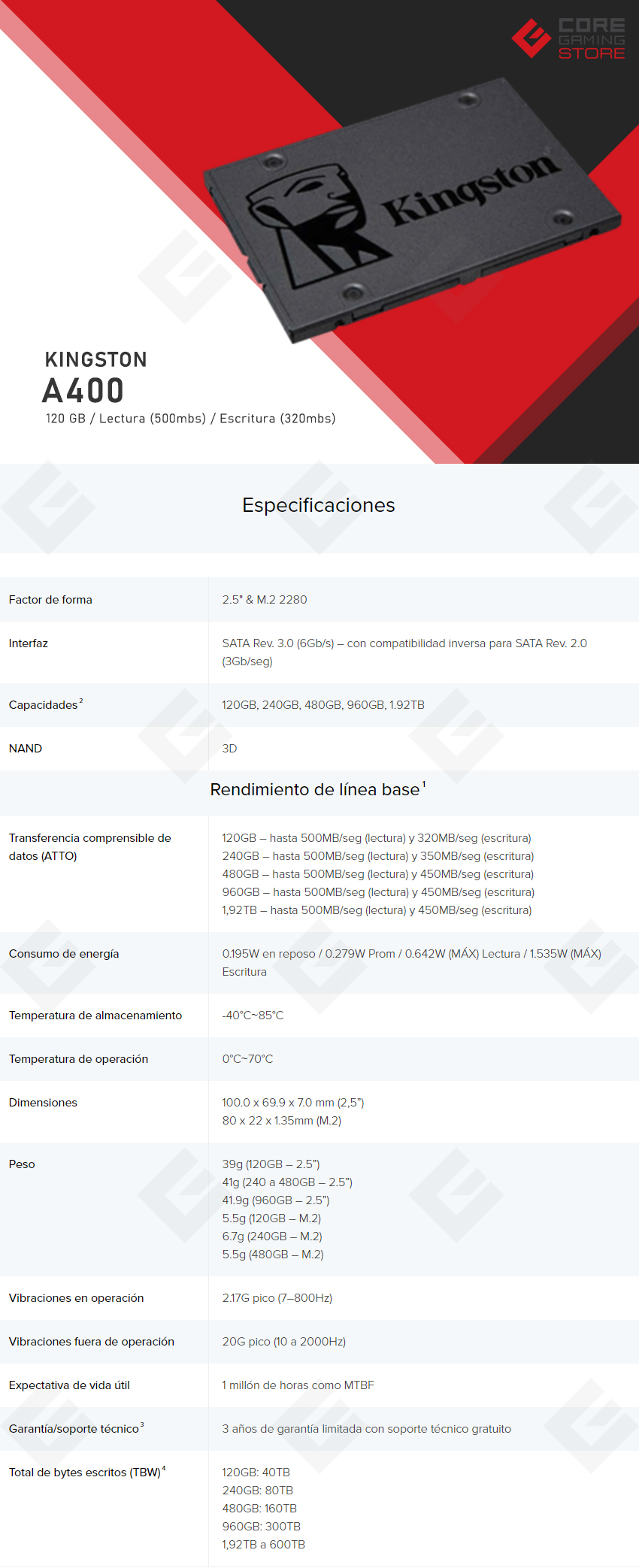 Unidad de Estado Solido SSD Kingston 120GB, SA400S37/120G, 500/320, SATA