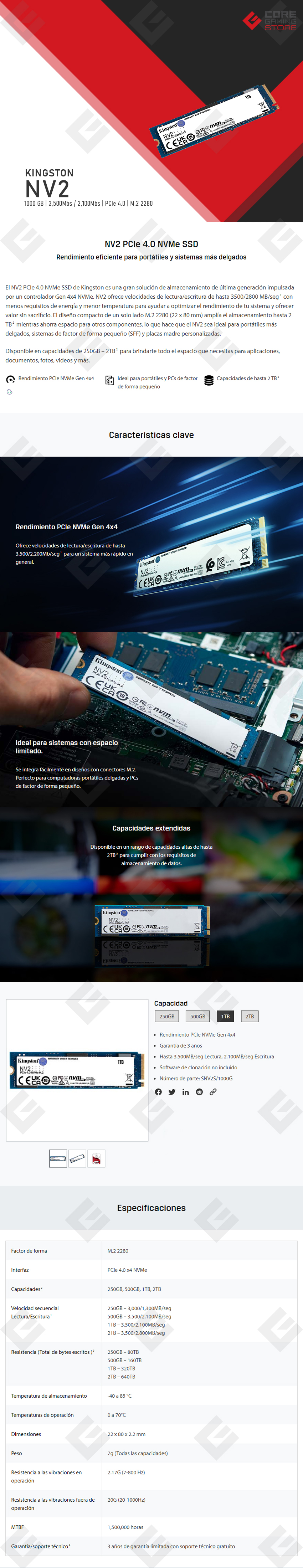 Unidad de Estado Solido SSD NVMe M.2 Kingston NV2 1000GB, 3500/2100 Mb/s, PCI Express 4.0 - SNV2S/1000G