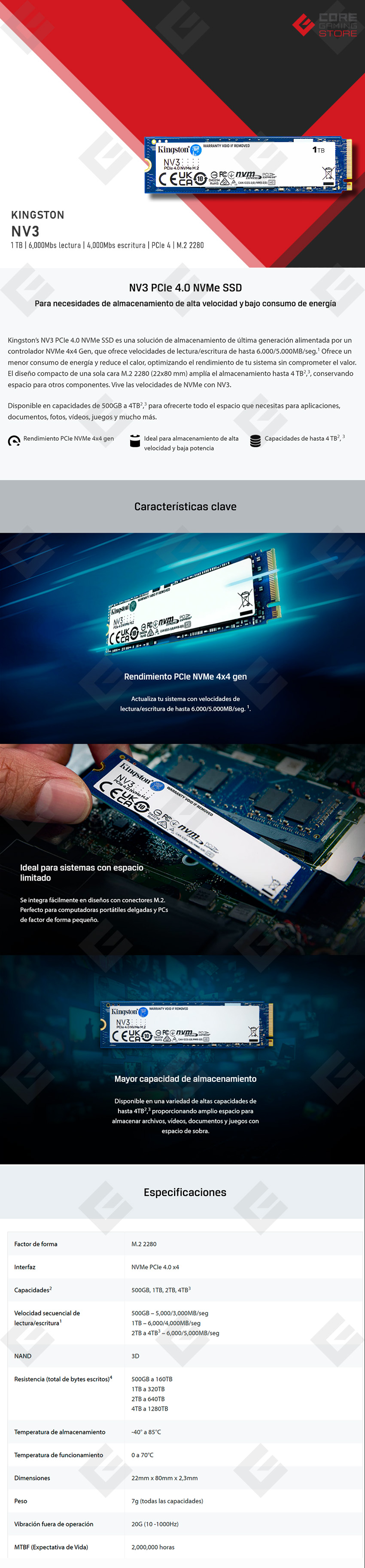 Unidad de Estado Solido SSD NVMe M.2 Kingston NV3 1000GB, 6000/4000 Mb/s, PCI Express 4.0 - SNV3S/1000G