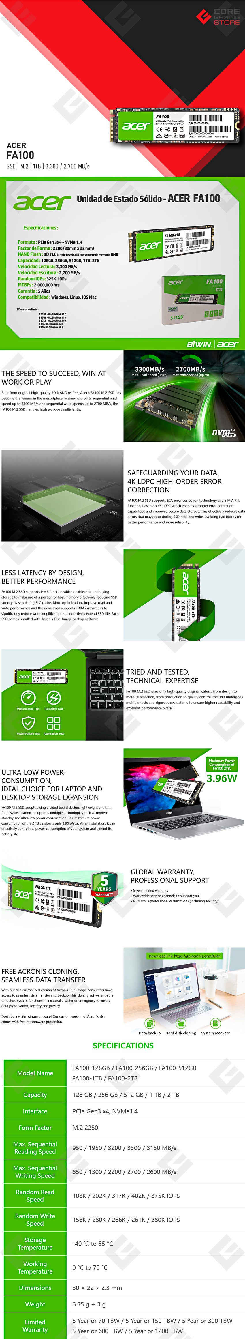 Unidad de Estado Solido SSD M.2 Acer FA100, 1TB, 3,300 / 2,700MB/s - BL.9BWWA.120