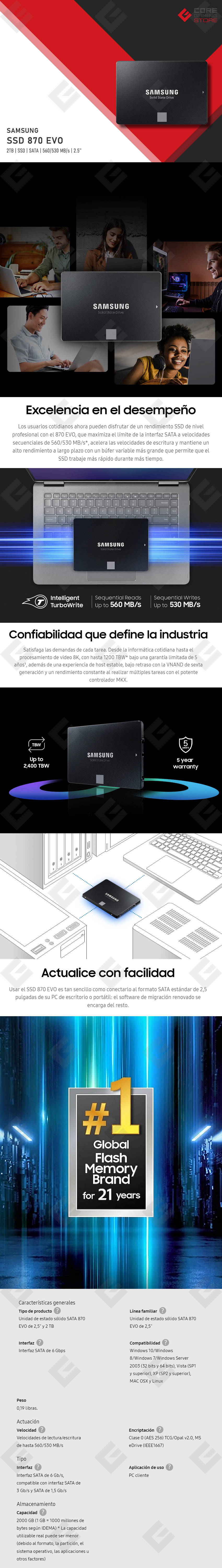 Unidad de Estado Solido SSD Samsung 870 Evo, 2TB, 560/530 MB/s, SATA III - MZ-77E2T0