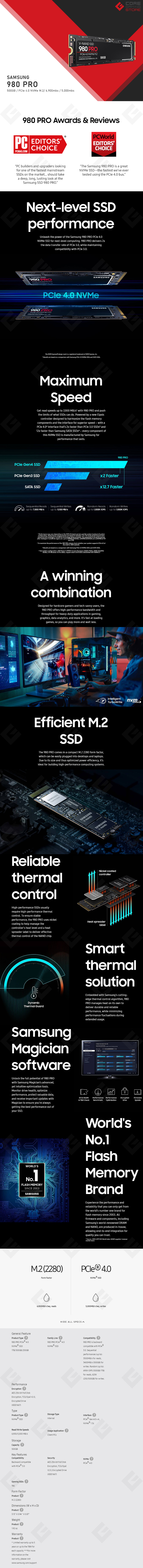 Unidad de Estado Solido SSD NVMe M.2 Samsung 980 Pro, 500GB, 6,900/5,000 MB/s, PCI Express 4.0 - MZ-V8P500