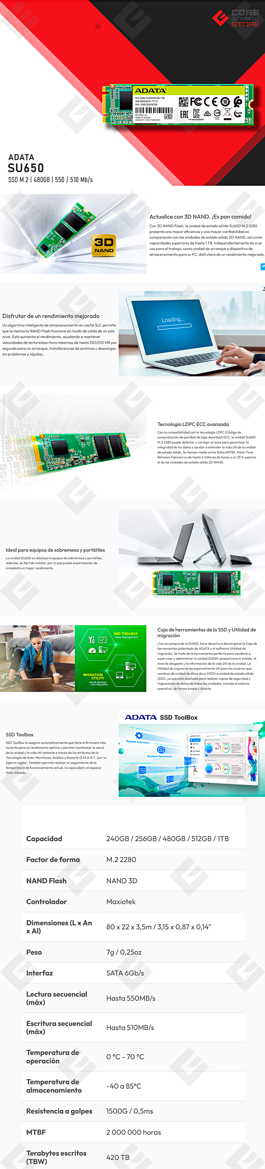 Unidad de Estado Solido SSD M.2 SATA ADATA SU650, 480GB, 550 / 510MB/s - ASU650NS38-480GT-C
