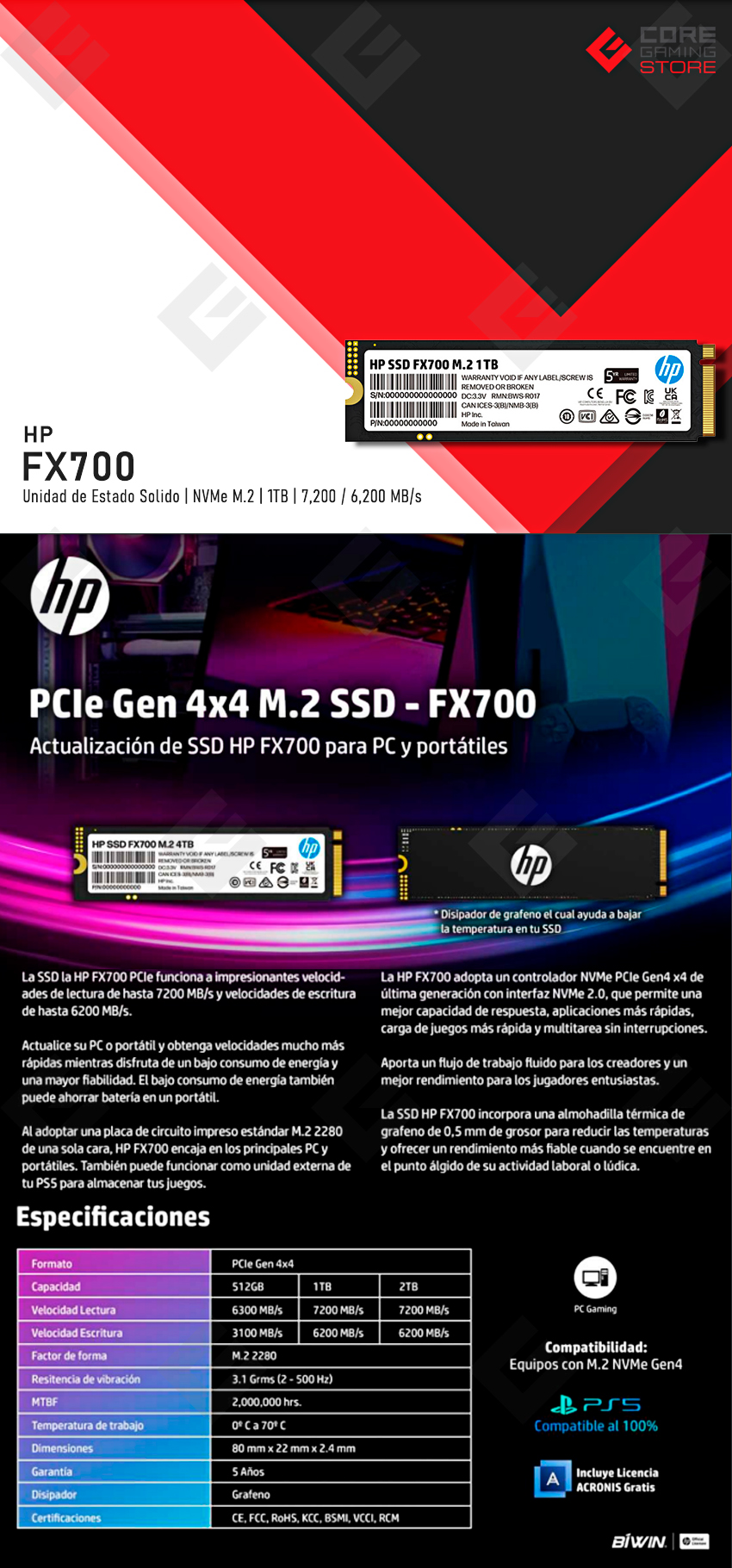 Unidad de Estado Solido SSD NVMe M.2 HP FX700, 1TB, 7,200 / 6,200 MB/s, PCI Express 4.0 - 8U2N3AA