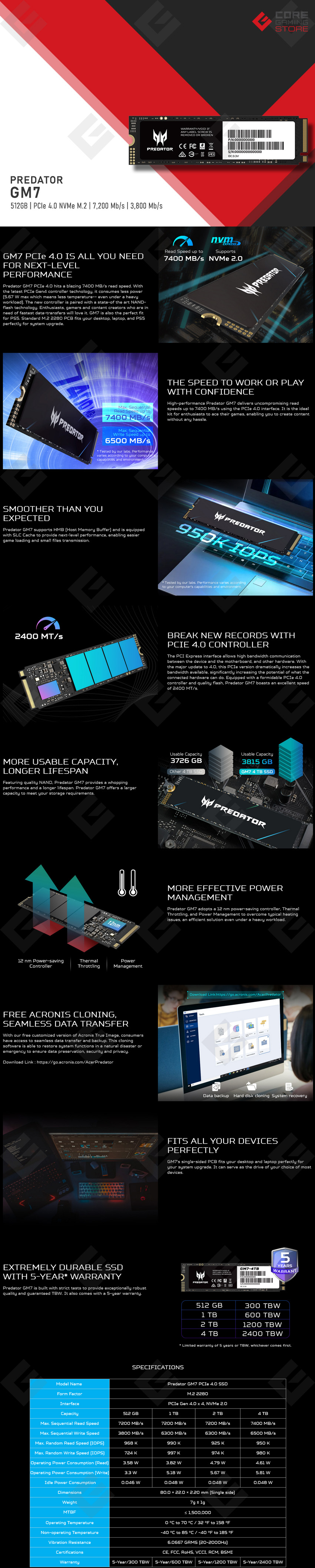 Unidad de Estado Solido SSD NVMe M.2 Predator GM7 512GB, 7,200 / 3,800 MB/s, PCIe Gen 4.0 x 4, NVMe 1.4 - BL.9BWWR.117