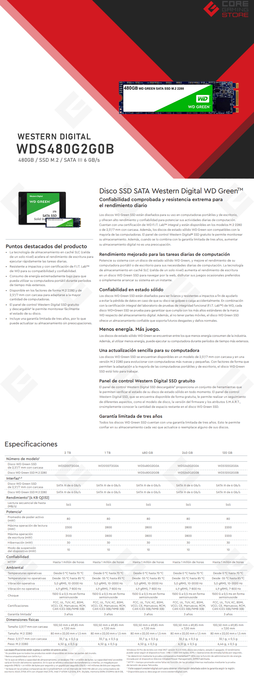 Unidad de Estado Solido SSD M.2 Western Digital WD Green 480GB, 545/545 MB/s, Sata III 6GB/s