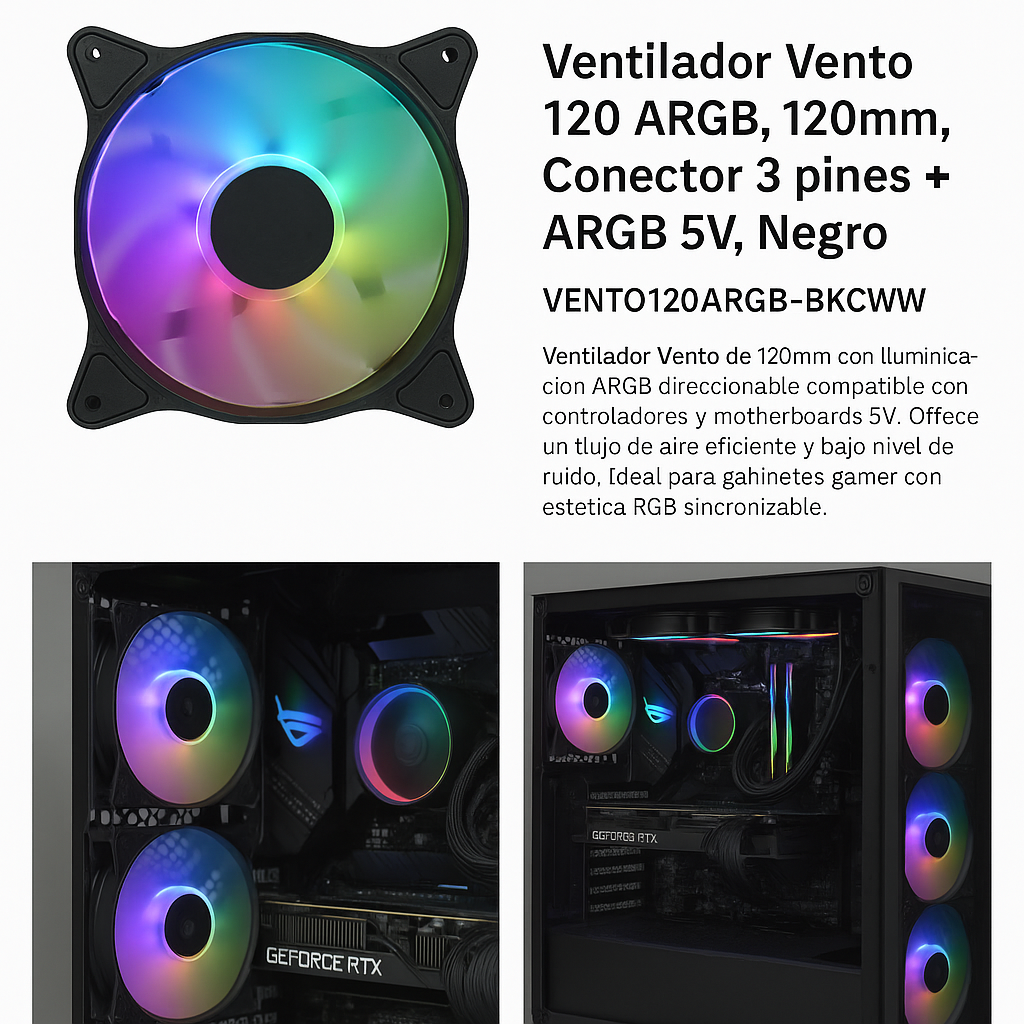 Ventilador XPG Vento 120 ARGB, 120mm, Conector 3 pines + ARGB 5V, Negro - VENTO120ARGB-BKCWW