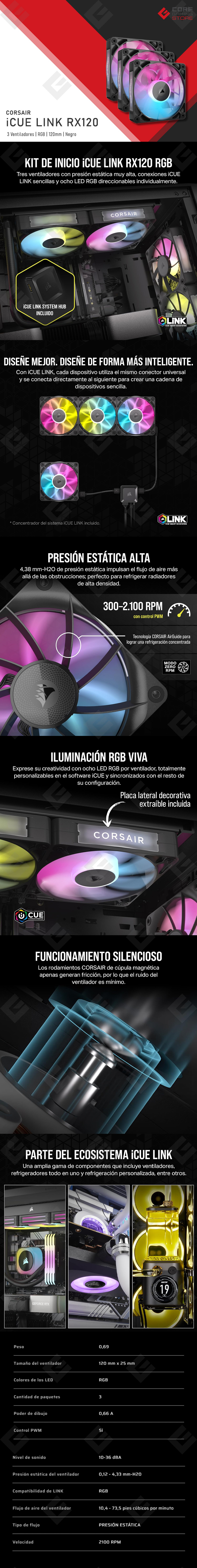 Ventiladores Corsair iCUE Link RX120, 3x120mm, Negro - CO-9051018-WW