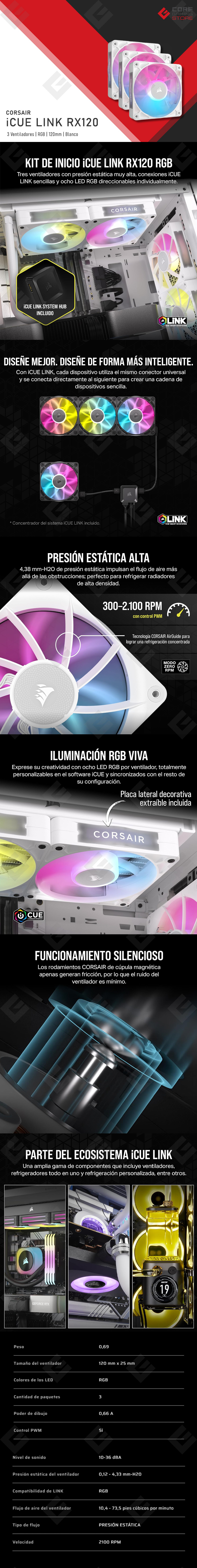 Ventiladores Corsair iCUE Link RX120, 3x120mm, Blanco - CO-9051022-WW