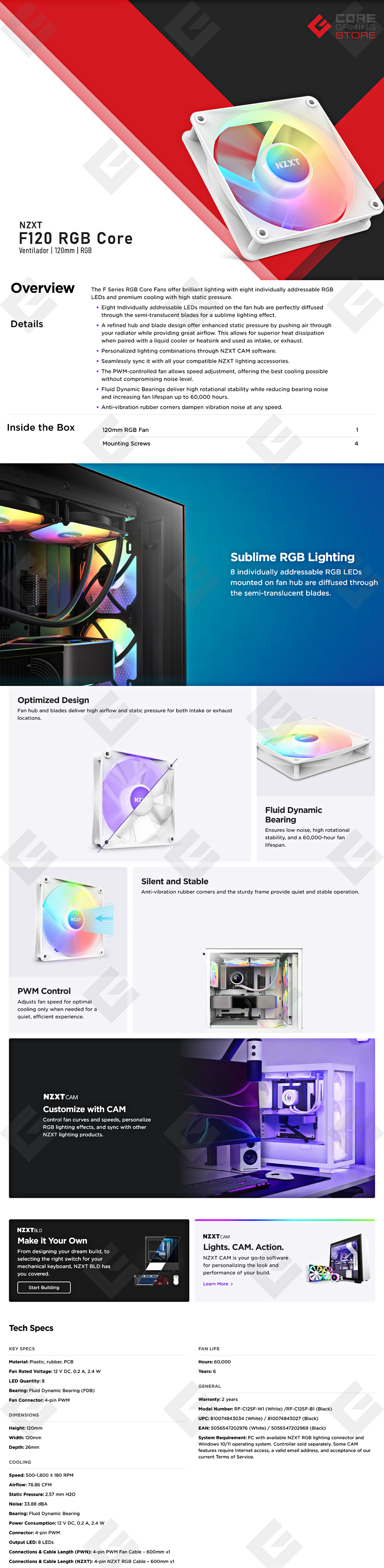 Ventilador NZXT F120 RGB Core, Blanco, 500-1800RPM, - RF-C12SF-W1