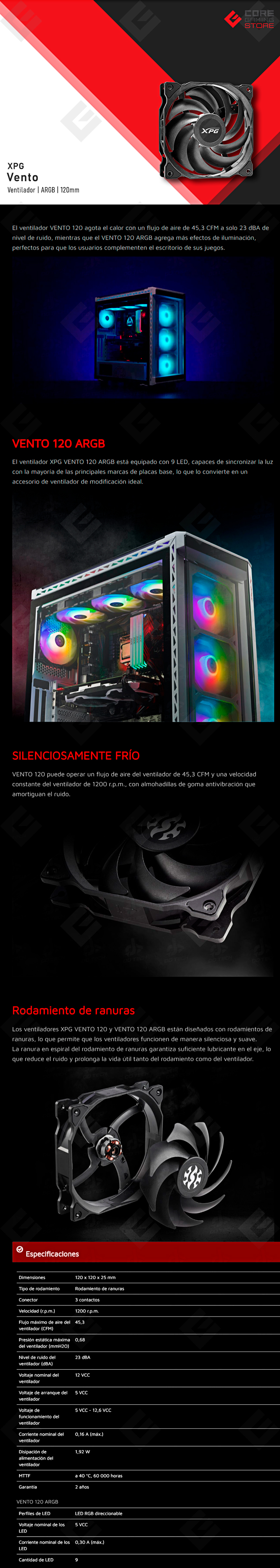 Ventilador XPG Vento, Negro, 120mm, ARGB - VENTO120ARGB-BKCWW