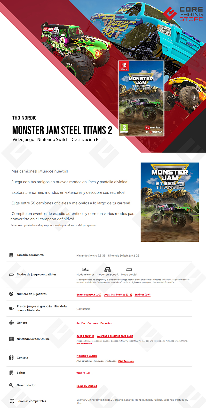Videojuego Monster Jam Steel Titans 2 para Nintendo Switch - HAC-P-AZY4A