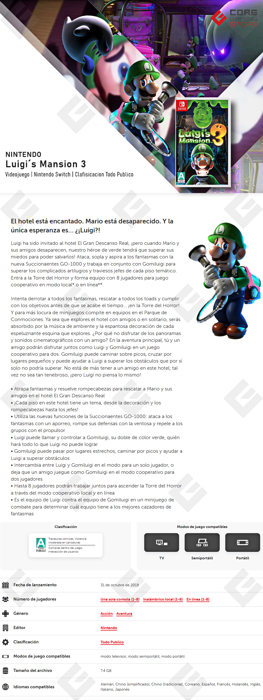 Videojuego Luigi's Mansion 3 - Standard Edition para Nintendo Switch - HAC-P-AG3JA-USA