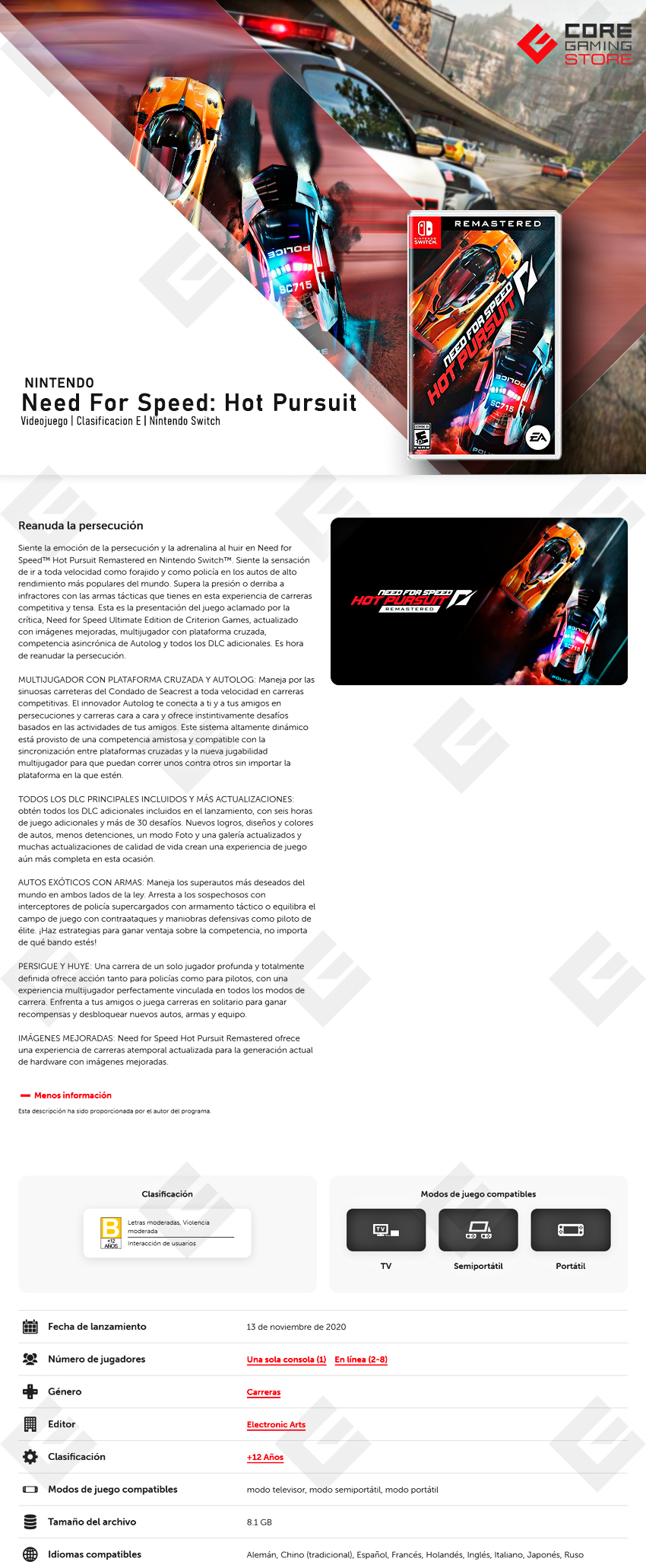 Videojuego Need For Speed: Hot Pursuit, Standard Edition, para Nintendo Switch