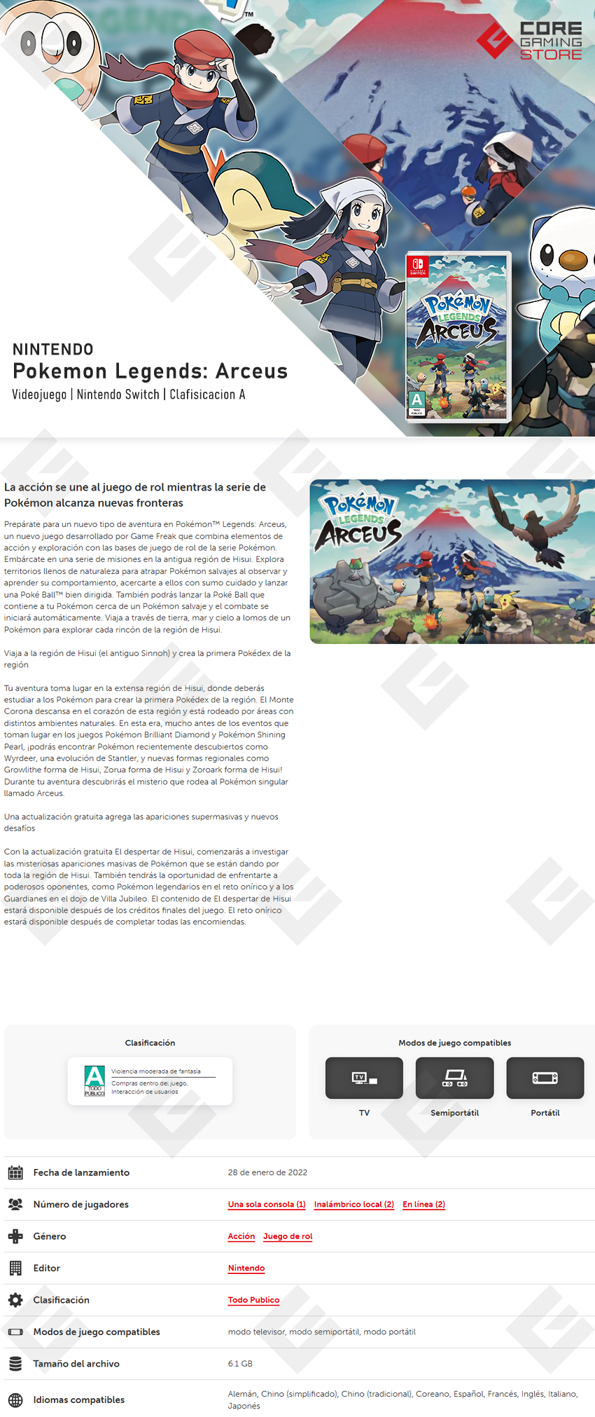 Videojuego Pokémon Legends: Arceus | Standard Edition | para Nintendo Switch - HAC-P-AW7KA-MEX
