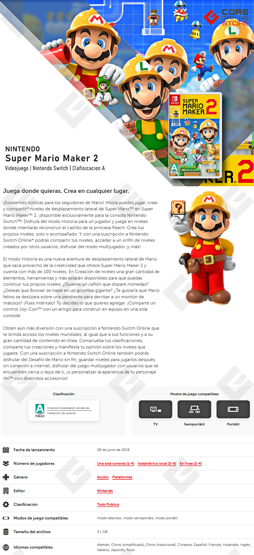 Videojuego Super Mario Maker 2 | Standard Edition | para Nintendo Switch - HAC-P-BAAQA-MEX