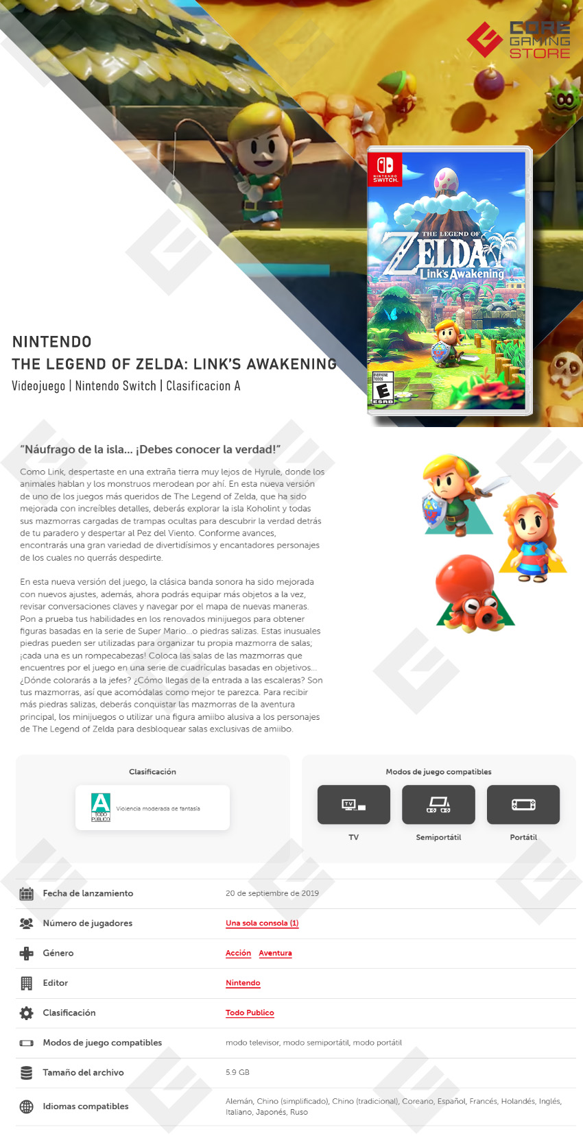 Videojuego The Legend Of Zelda: Link's Awakening, Standard Edition, para Nintendo Switch