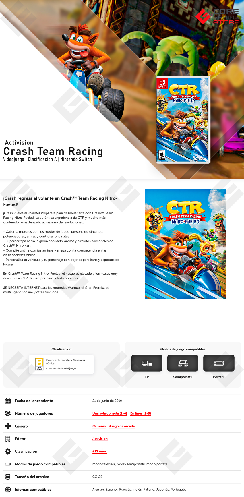 Videojuego Crash Team Racing Nitro-Fueled, Standard Edition, para Nintendo Switch