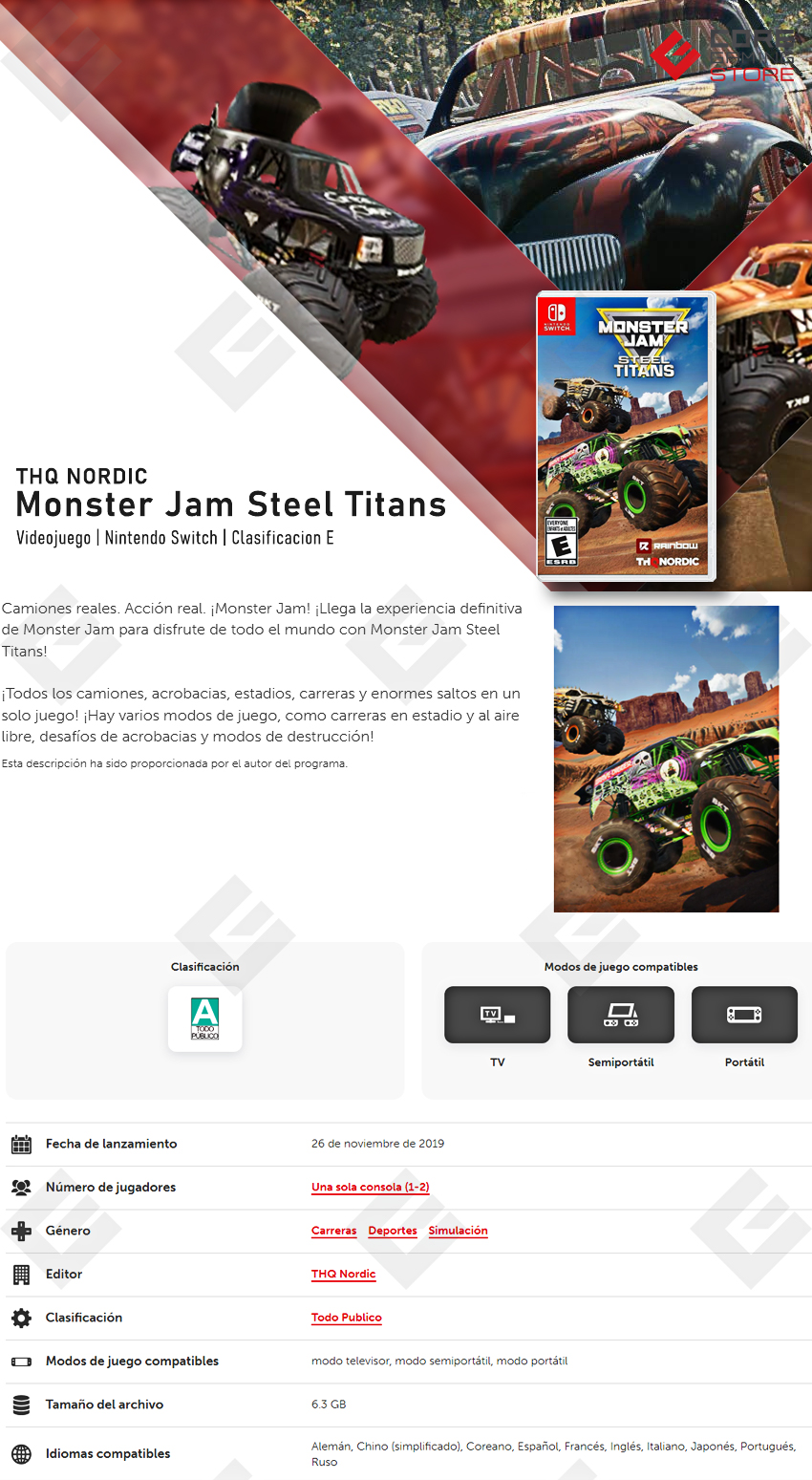Videojuego Monster Jam Steel Titans-Nla para Nintendo Switch - HAC-P-AVKPA