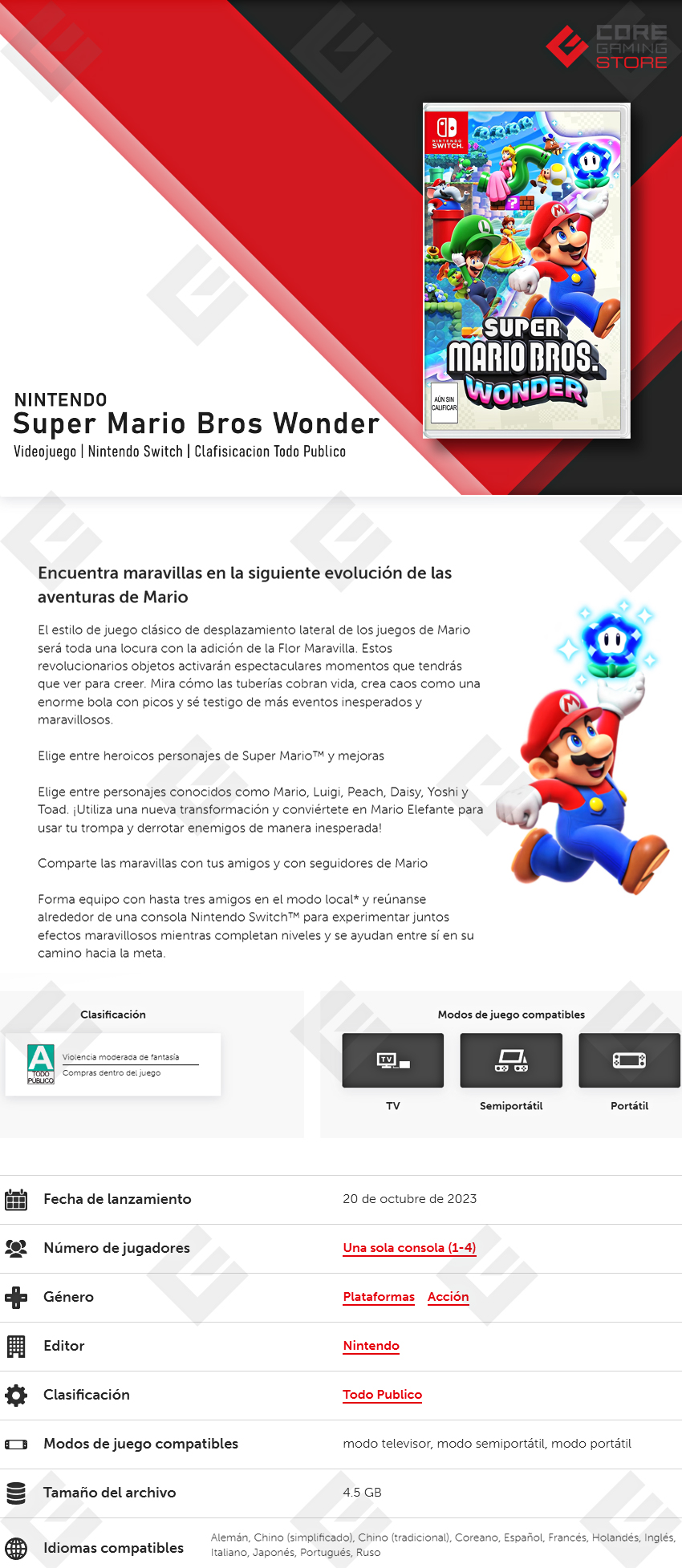 Videojuego Super Mario Bros Wonder para Nintendo Switch