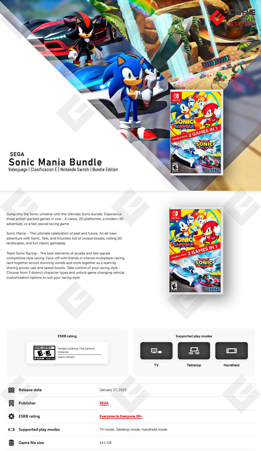 Videojuego Sonic Mania + Team Sonic Racing Double Pack, Bundle Edition, para Nintendo Switch - B08GHH697V